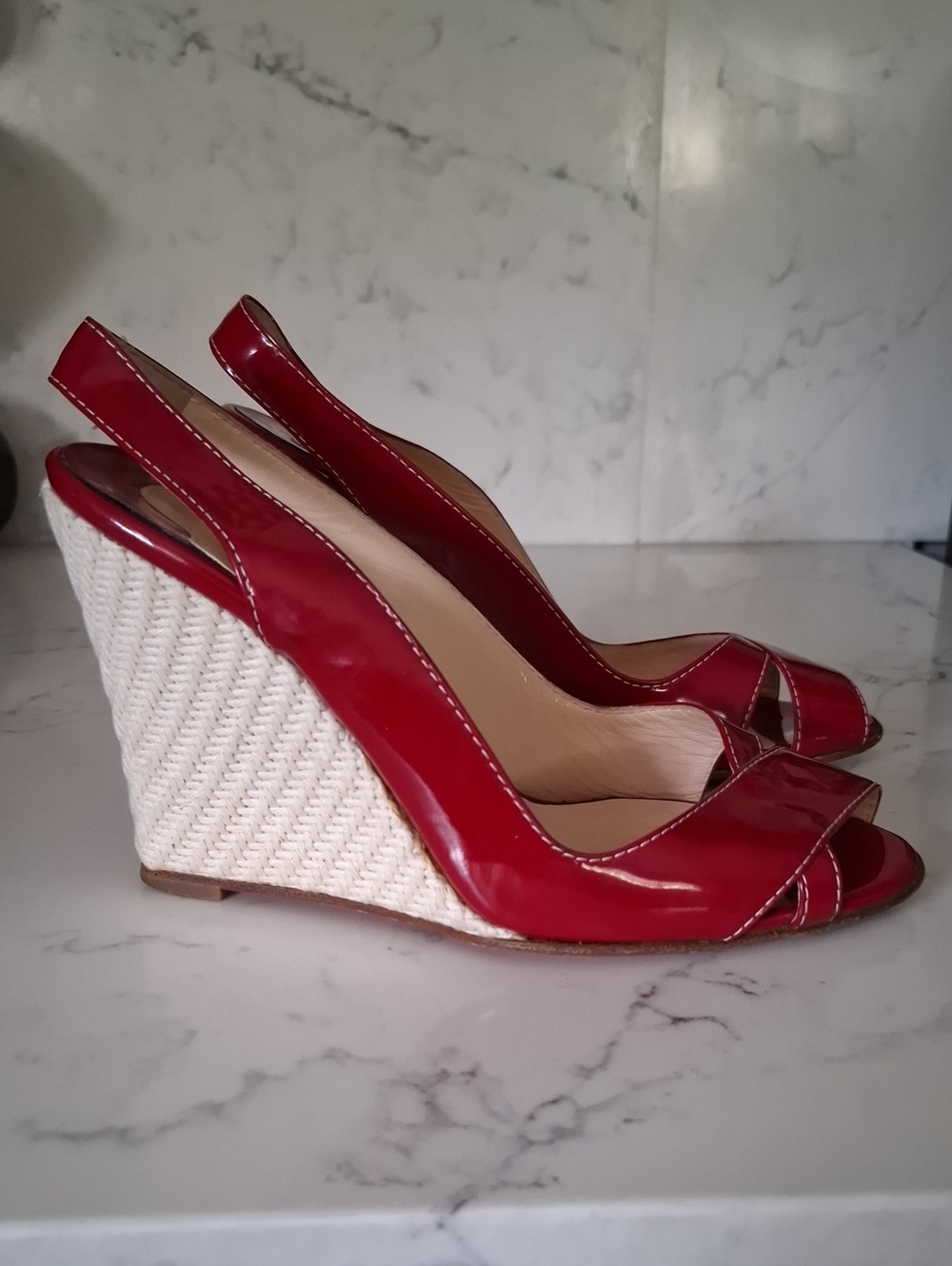 Christian Louboutin Red Patent Leather Wedge Slingback Sandals